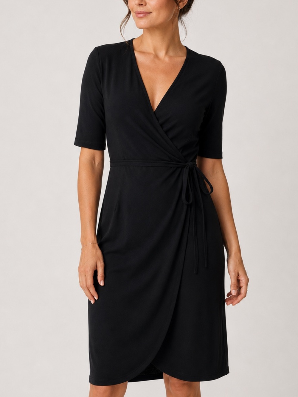 GAP V-Neck Black Knee Length Wrap Dress Elbow Length Sleeves Little Black Dress